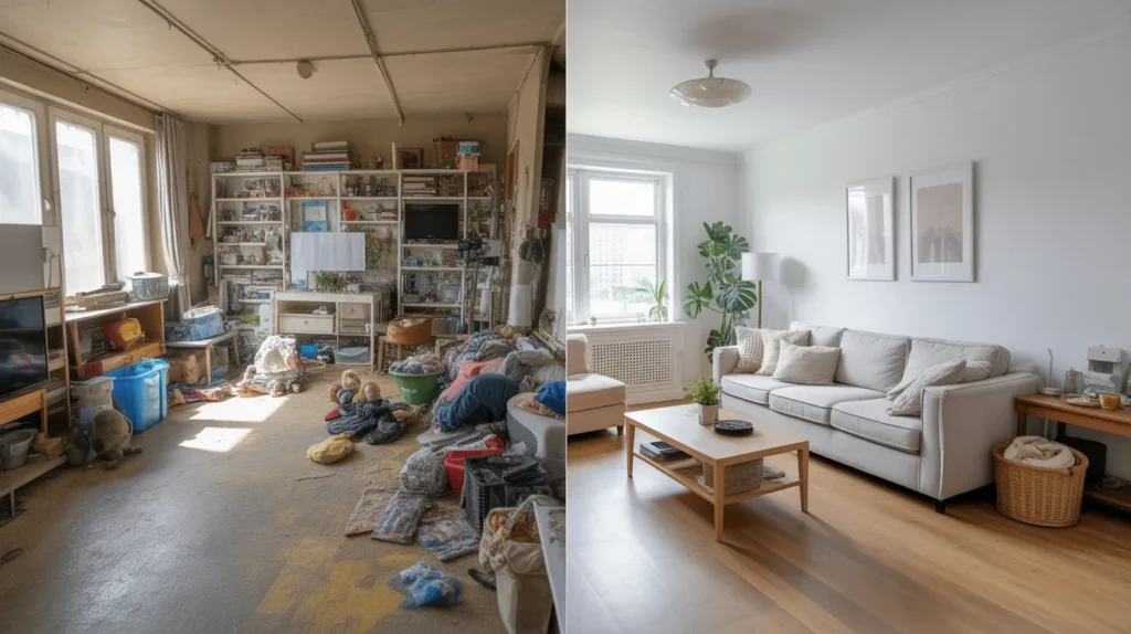 Before and after photos showing how genius decluttering ideas for the living room transform a messy space.