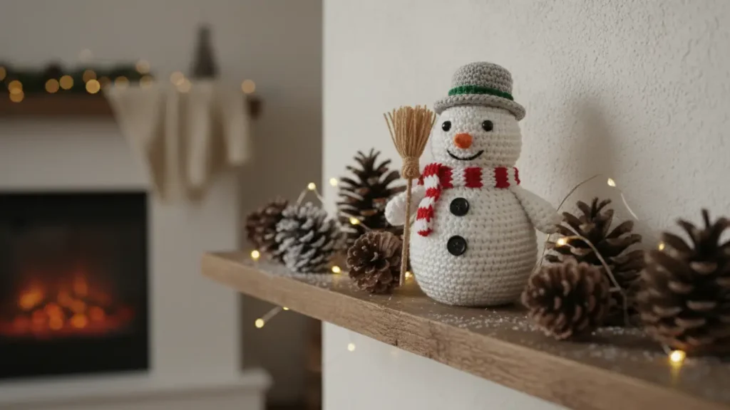 Crochet Amigurumi Snowman Beginner Tutorial snowman displayed as cozy winter décor on a shelf with festive styling.