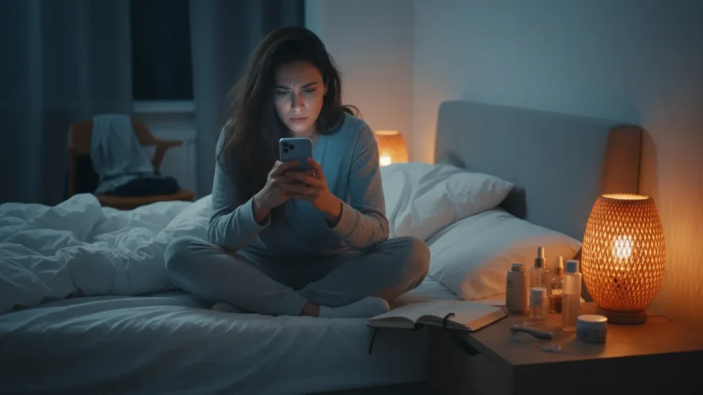 YourselfLoveHub.com tired woman sitting on bed at night scrolling phone with messy bedside table