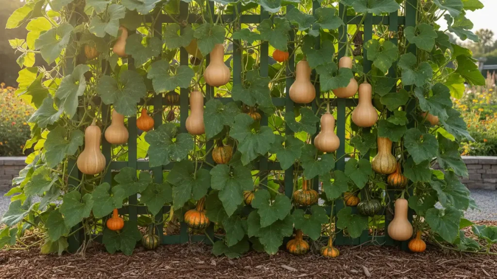 Easy vegetables that grow on a trellis butternut squash hanging from panel