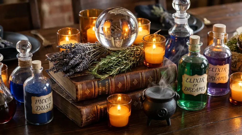 yourselflovehub.com witchy apothecary centerpiece with potion bottles, crystal ball, stacked books, and herbs.