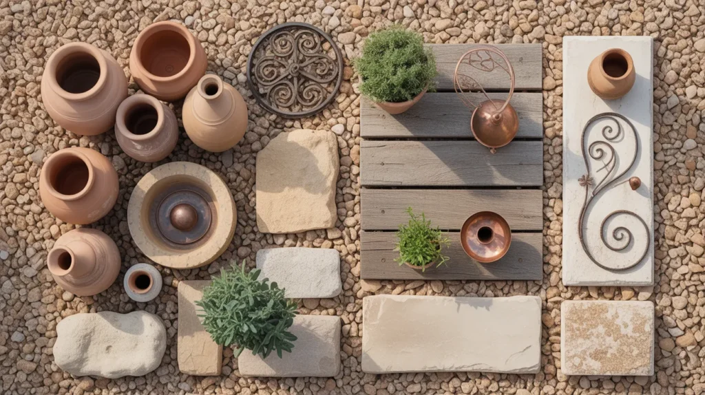Flat lay of terracotta pots, stone pavers, herbs, and metal accents on gravel showing rustic Mediterranean Garden Ideas.