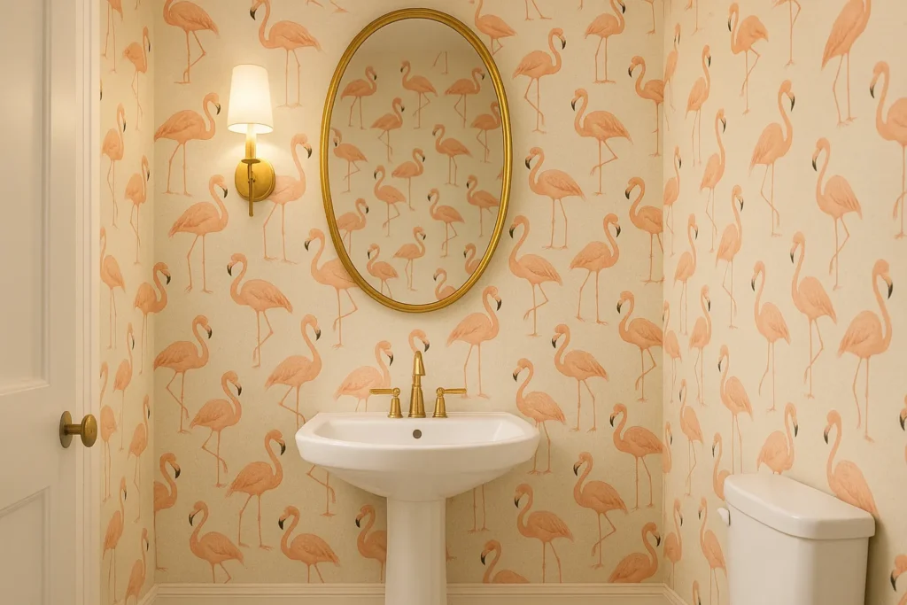 Chic powder room with playful flamingo or tiny leopard print wallpaper, pedestal sink and gold mirror, fun statement look featured on yourselflovehub.com.