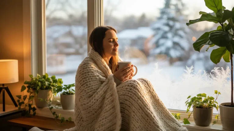 Cozy window cocoa moment showing ways to beat the winter blues with warm light, blanket, and calm winter morning.