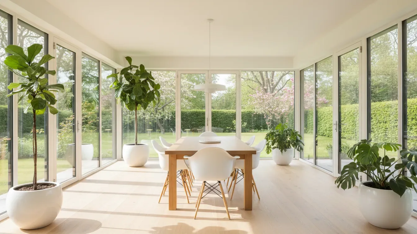 “Light-flooded modern sunroom dining room with white chairs, wood table, and potted trees, styled as the hero image for yourselflovehub.com.