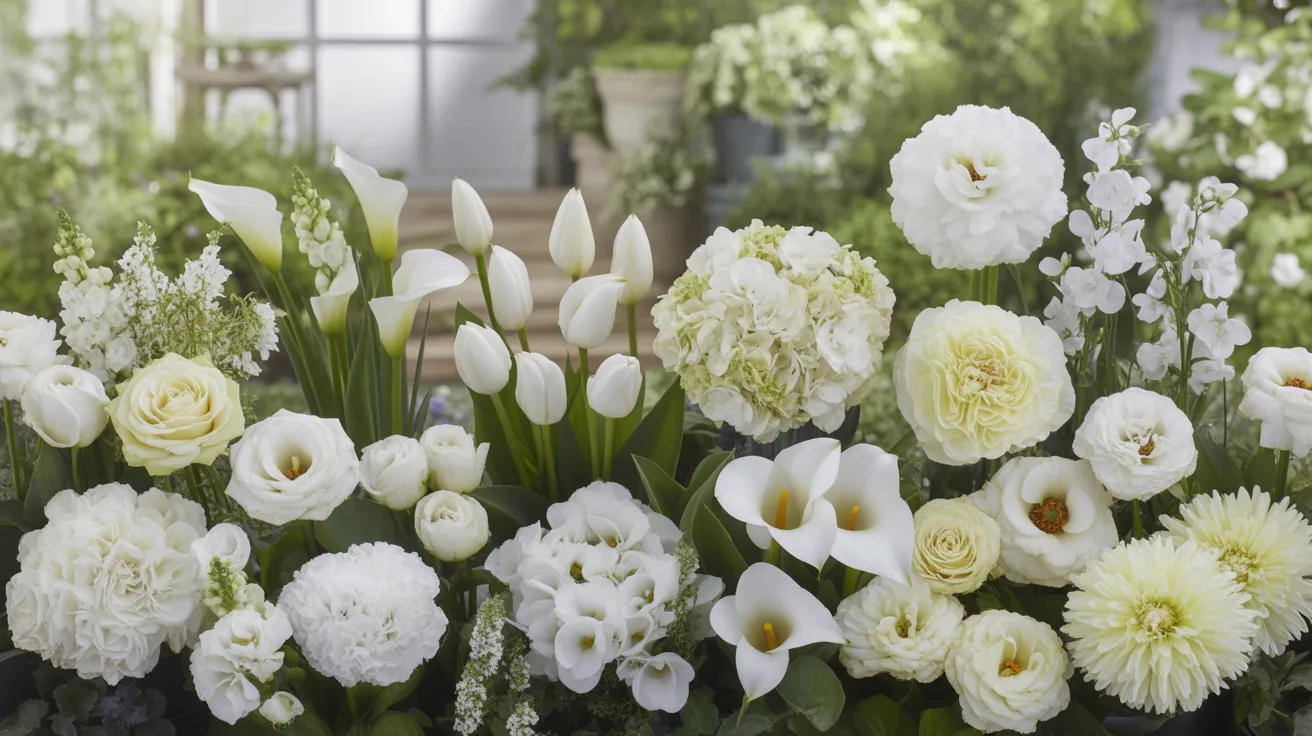 Best White Flowers to Plant in Gardens arranged together – roses, hydrangeas, tulips, peonies and dahlias in bloom