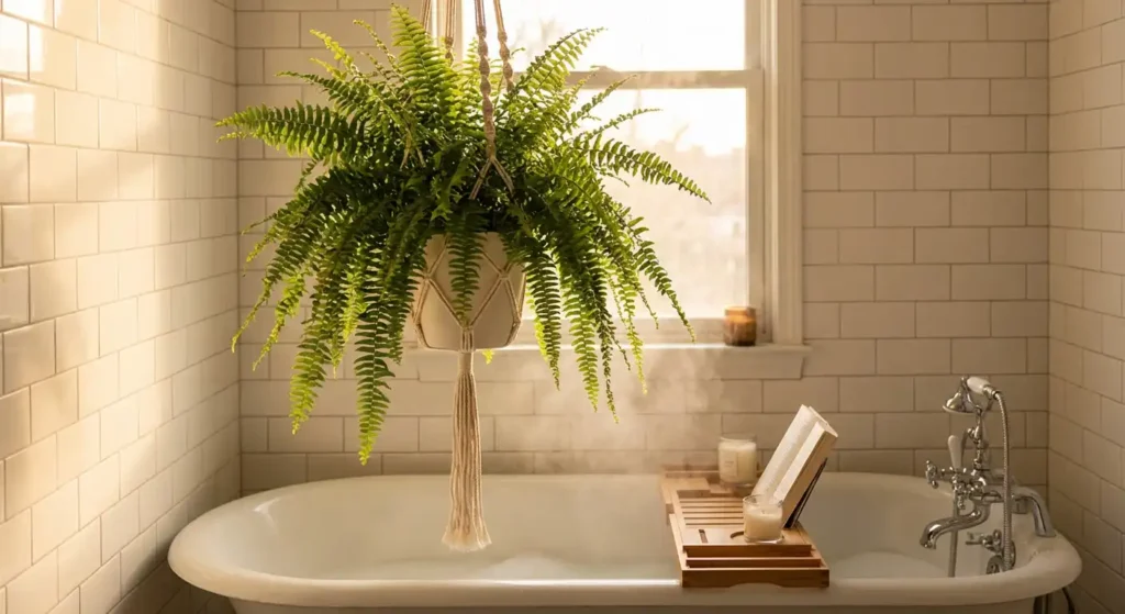 Hanging Boston fern in a macrame planter above a bathtub with steam rising and cozy spa vibes, highlighting Four Unique Bathroom Plants That Can Boost Your Health.