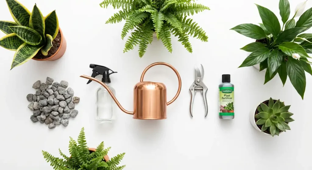 Flat lay of bathroom plant care essentials and small potted plants on a white background, step-by-step care concept for yourselflovehub.com.