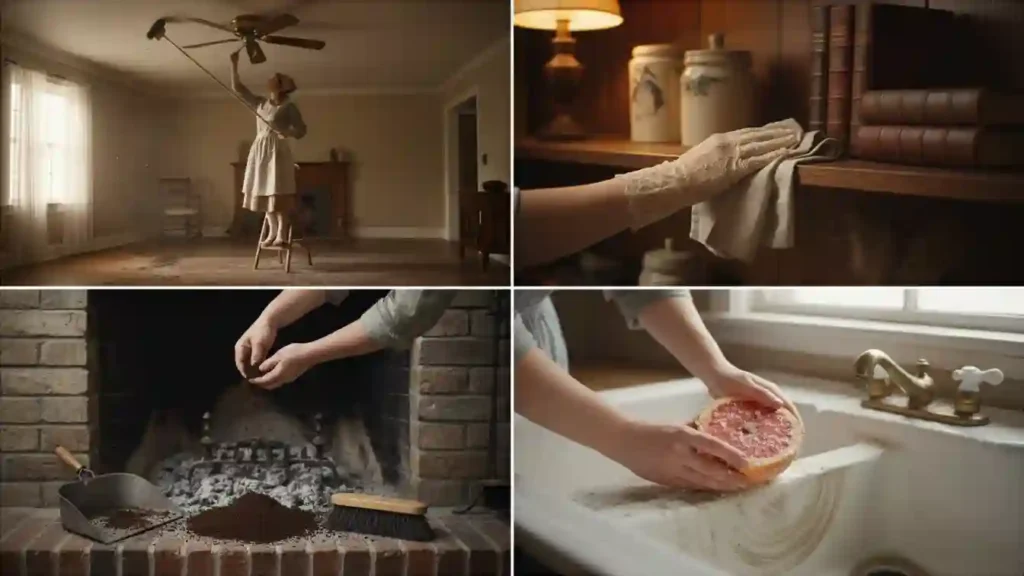 Vintage Cleaning Tips collage with fan dusting damp cloth coffee grounds and grapefruit scrub