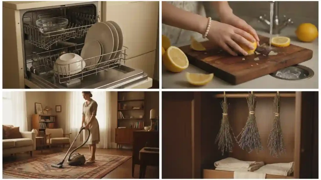 Collage of dishwasher vinegar lemons carpet vacuuming and dried lavender in closet Yourself Love Hub