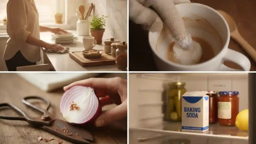 Vintage Cleaning Tips collage with daily wipe downs mug stain removal onion rust trick and baking soda fridge