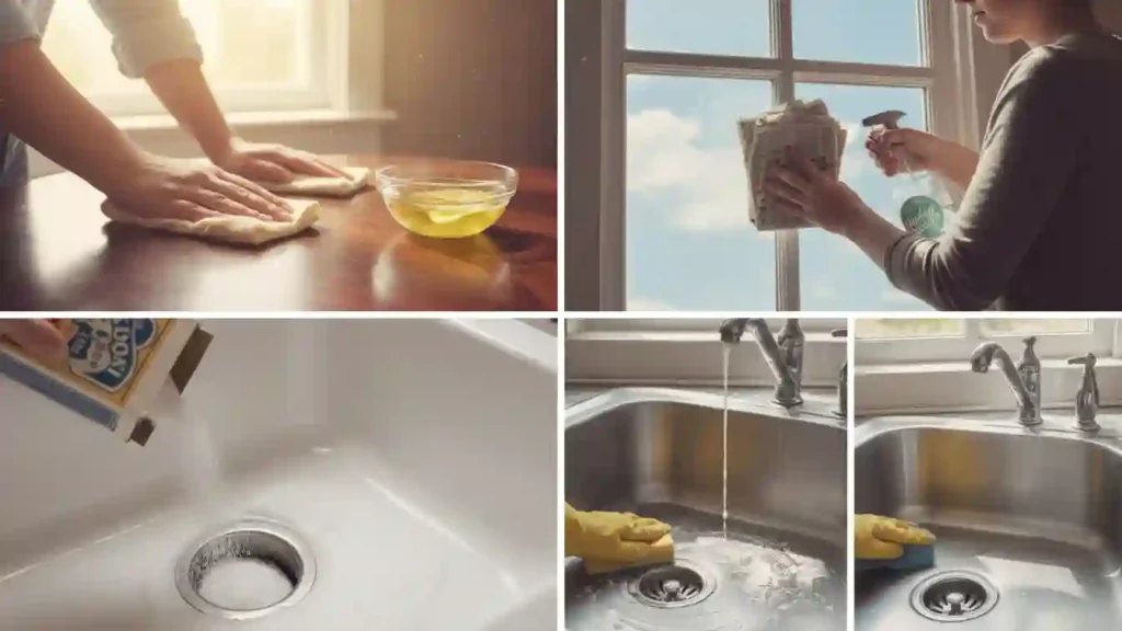Collage of wood polish vinegar window cleaning baking soda drain and stainless steel sink shine Yourself Love Hub