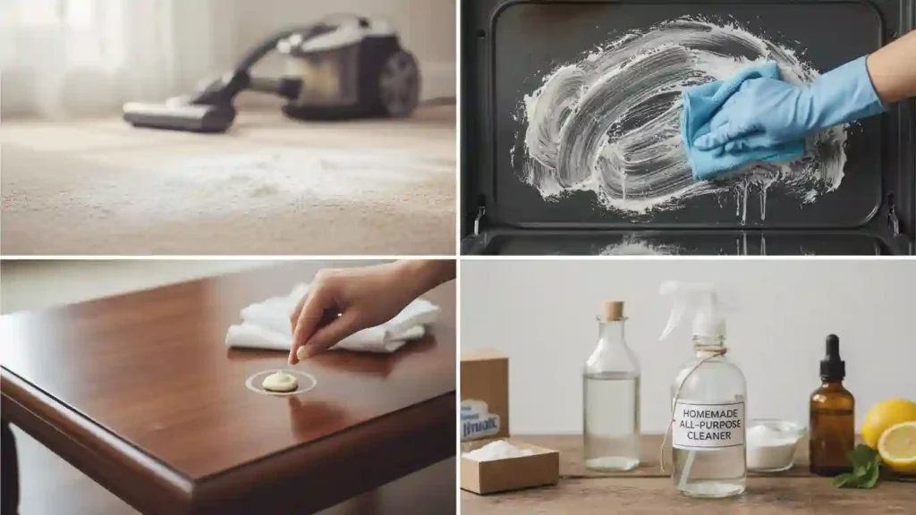 Vintage Cleaning Tips collage with carpet baking soda oven paste mayonnaise wood ring fix and homemade cleaner