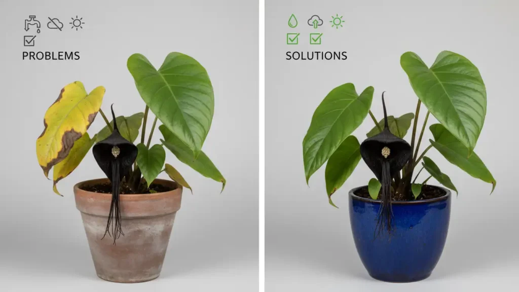 Black bat flower care problems before and after healthy plant transformation