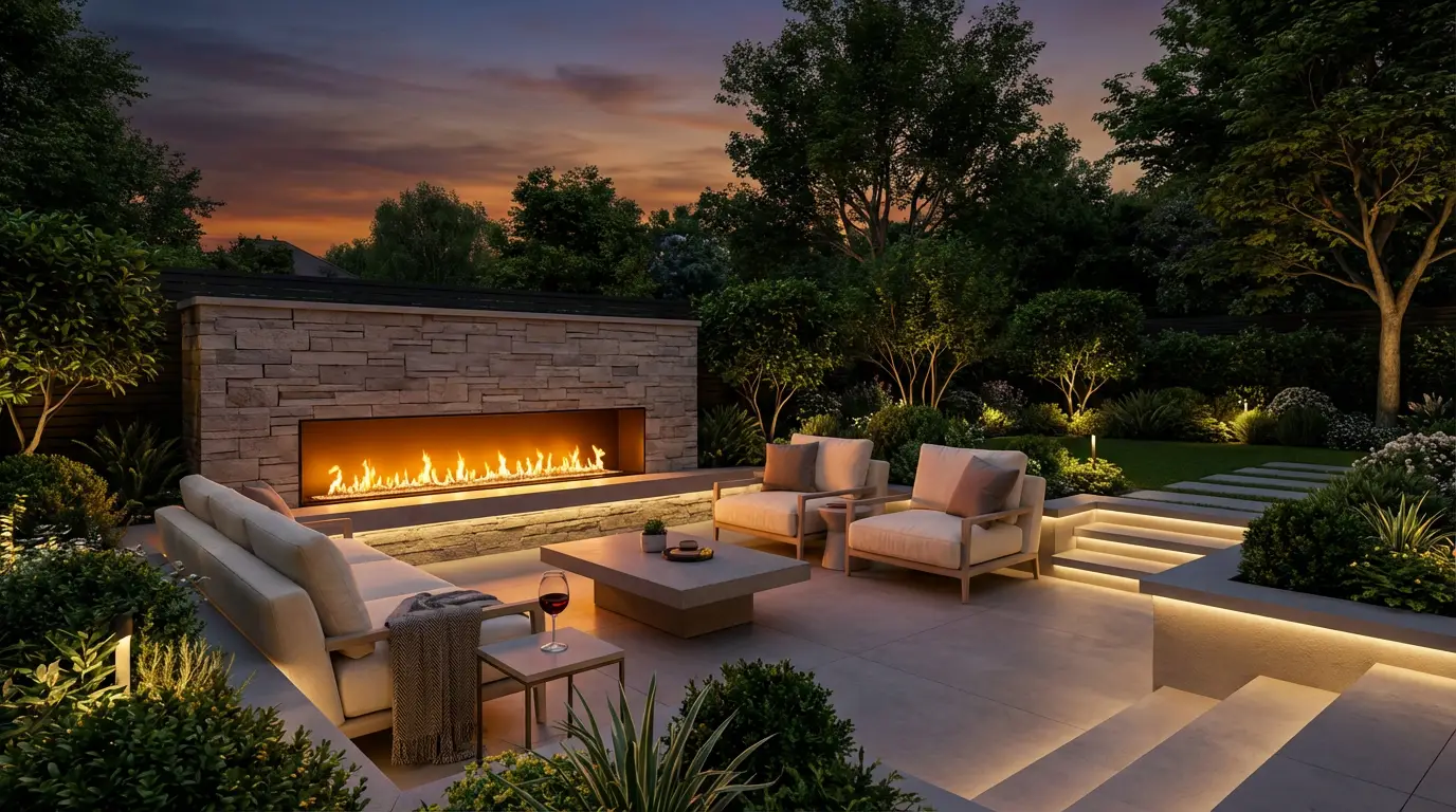 Luxury outdoor fireplace and firepit design ideas in a modern backyard with a sleek linear gas fireplace at sunset on yourselflovehub.com