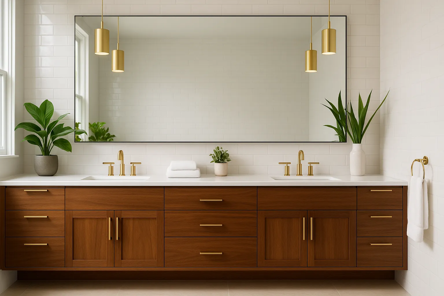 Luxurious modern bathroom with 72 inch walnut double vanity, white quartz countertop, gold faucets, large frameless mirror and plants styled around the sinks