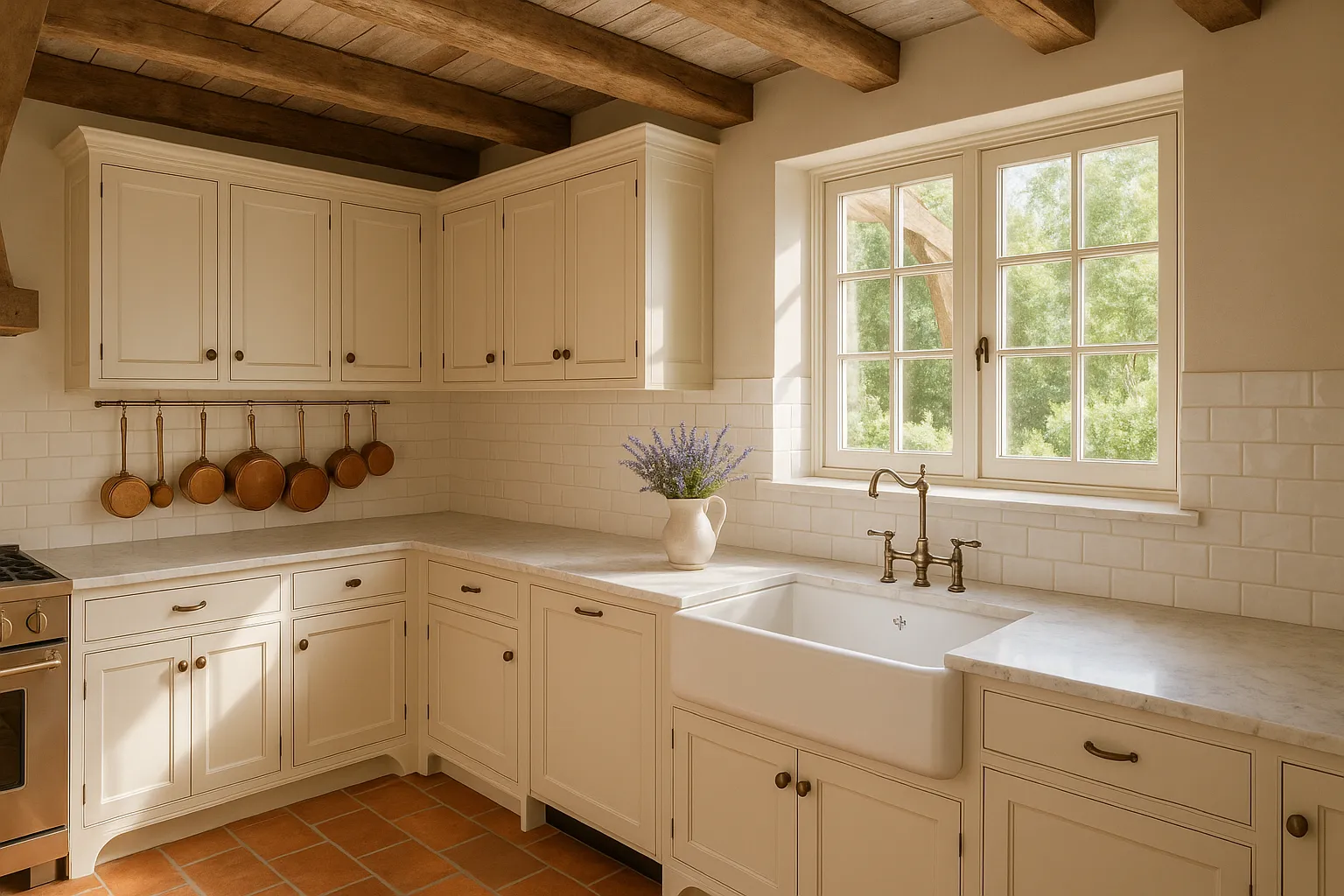 Beautiful French country kitchen with white cabinets, farmhouse sink, and copper pot display