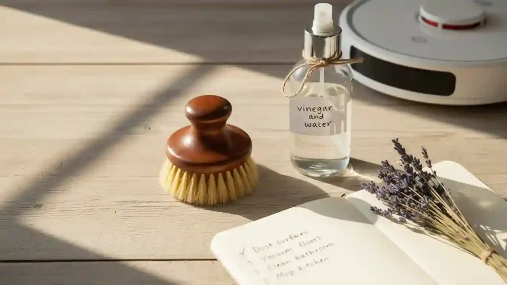 Vintage Cleaning Tips blended with modern tools like robot vacuum and natural cleaners