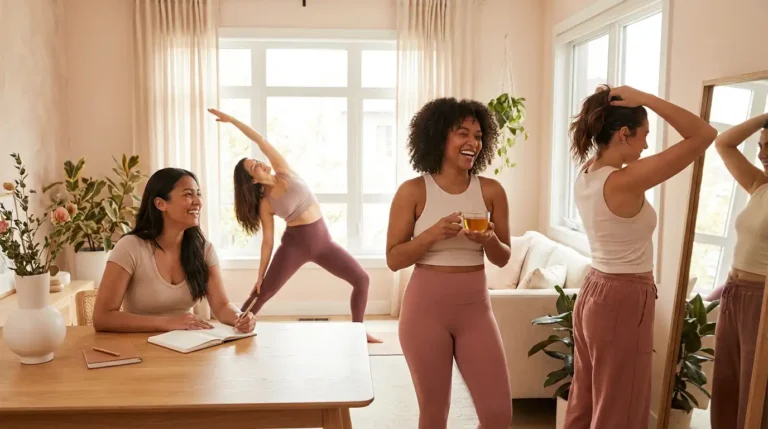 Confident women in soft loungewear smiling at their reflections in a bright bedroom, visually introducing habits that attractive women do.