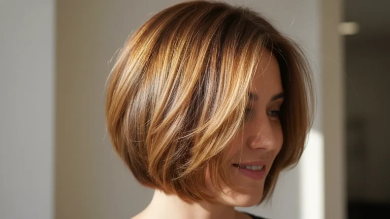 Honey Brown Balayage Ideas for Short Hair with sun-kissed honey highlights on a glossy short bob