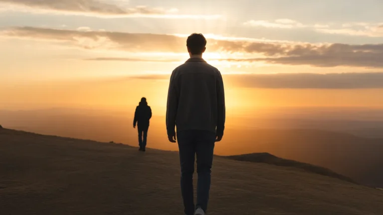 “Person walking away from a shadowy figure toward warm sunrise light, symbolizing freedom and how to remove a toxic person from your life”