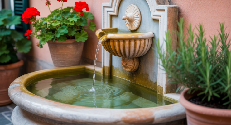 Curved gravel path through lavender and herbs leading to a simple water feature, design inspiration from yourselflovehub.com.