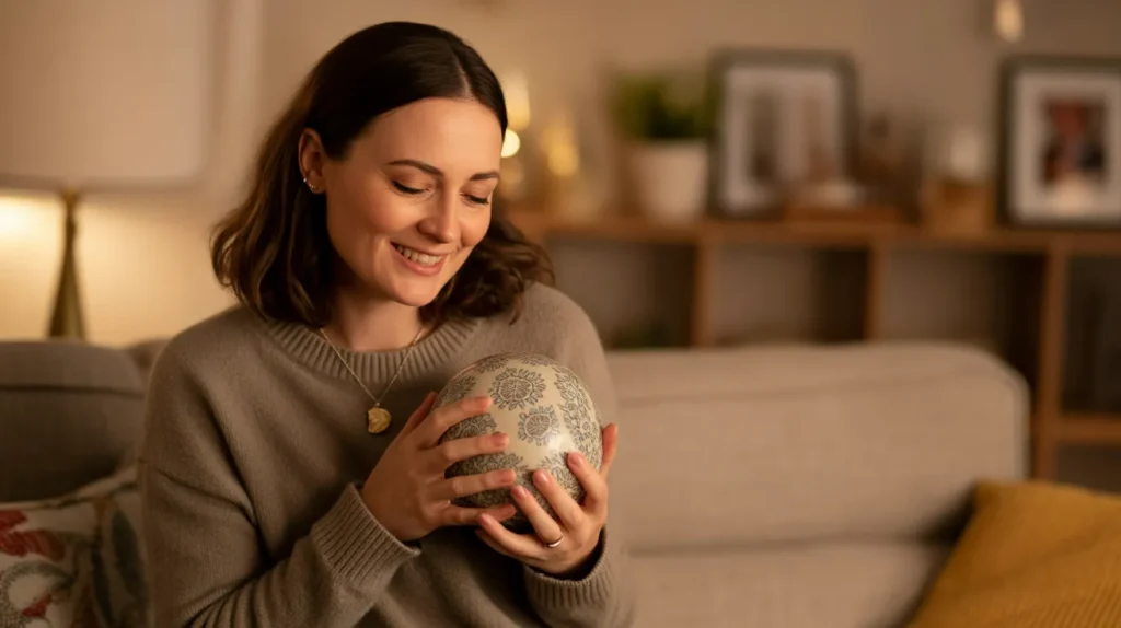 Woman carefully keeping one meaningful keepsake as part of mindful decluttering on Yourself Love Hub.