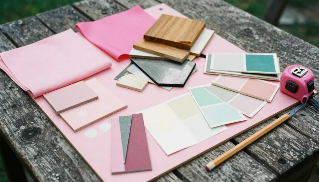 Outdoor materials board with pink fabrics, tiles, paint chips and metal samples laid out on a rustic table for a weather-resistant patio on yourselflovehub.com.