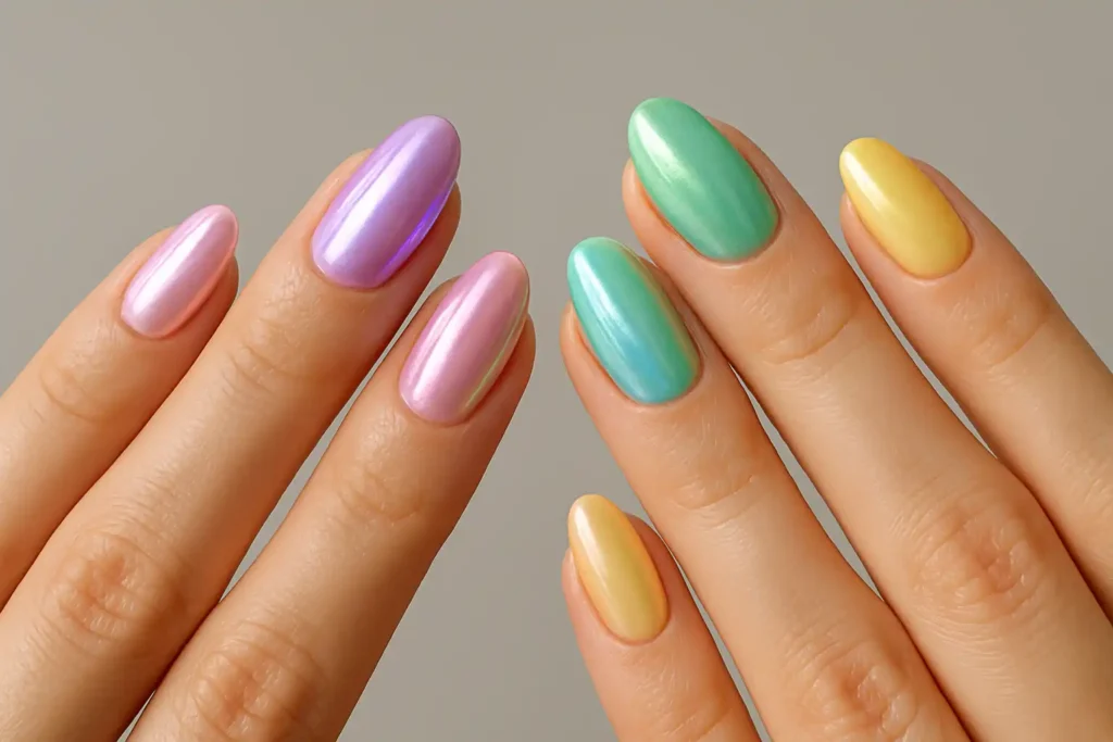 Almond nails in pastel chrome shades of lavender, pink, mint, blue and yellow on two hands.
