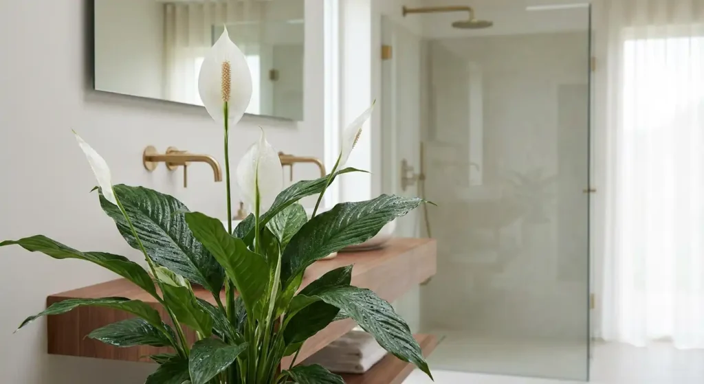 Elegant peace lily with glossy leaves and white blooms on a bathroom shelf in soft diffused light, illustrating Four Unique Bathroom Plants That Can Boost Your Health.