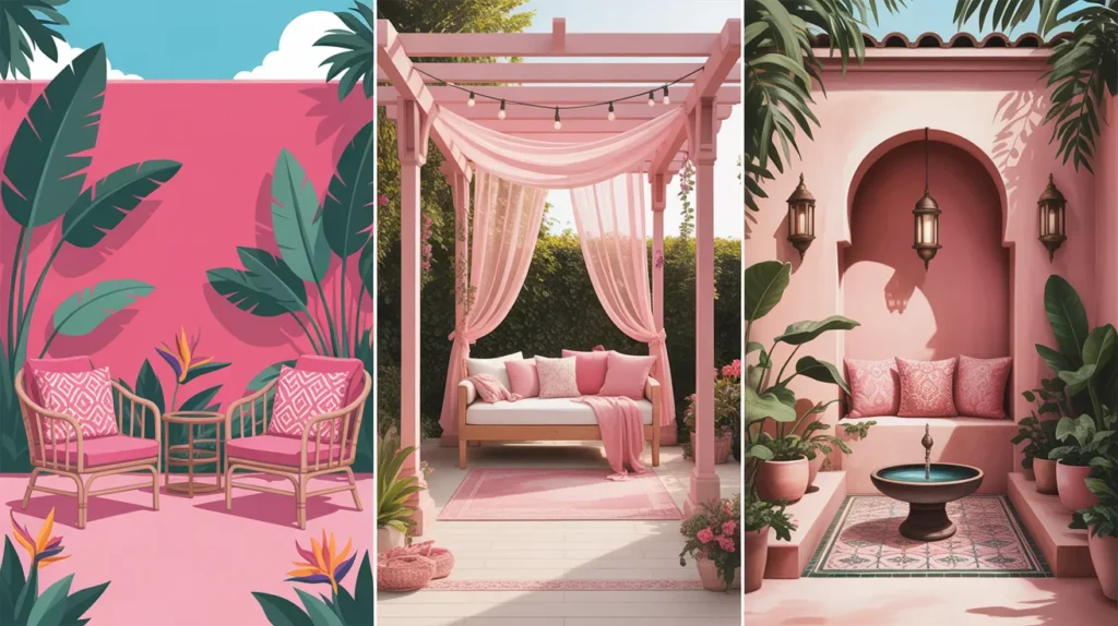Three connected pink patio scenes showing a tropical paradise, dreamy pink pergola with drapes and a Moroccan-inspired pink courtyard with lanterns for yourselflovehub.com.