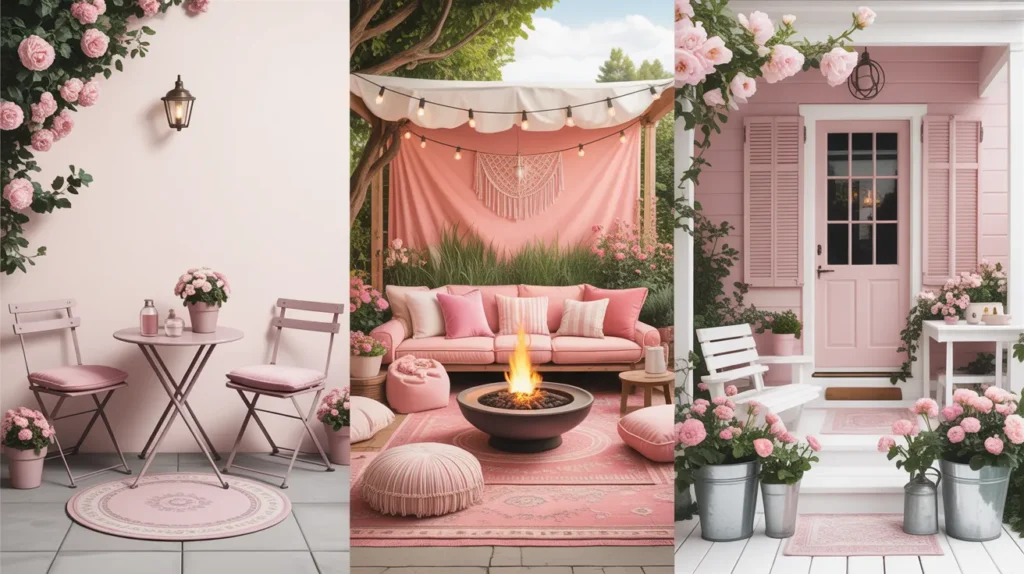 Collage of fun pink patio design ideas featuring a tiny pink bistro nook, a boho festival-style lounge with floor cushions and a farmhouse-inspired patio with pink accents and flowers.