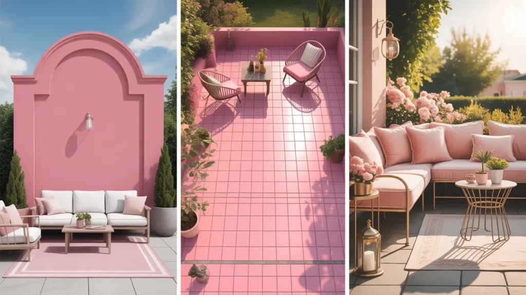 Three-scene collage showing fun pink patio design ideas: a blush painted feature wall behind seating, a patio with pink floor tiles, and an elegant blush and brass corner with pink cushions.