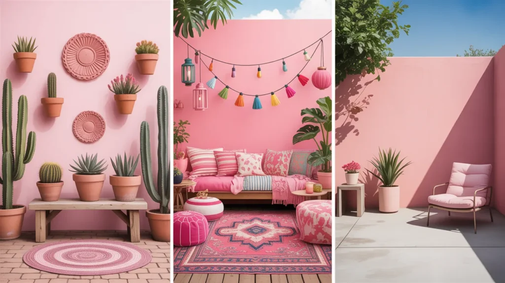Triple-view pink patio image featuring a desert-style pink patio with cacti, a maximalist layered pink boho setup and a minimal modern space with one pink accent piece for yourselflovehub.com.