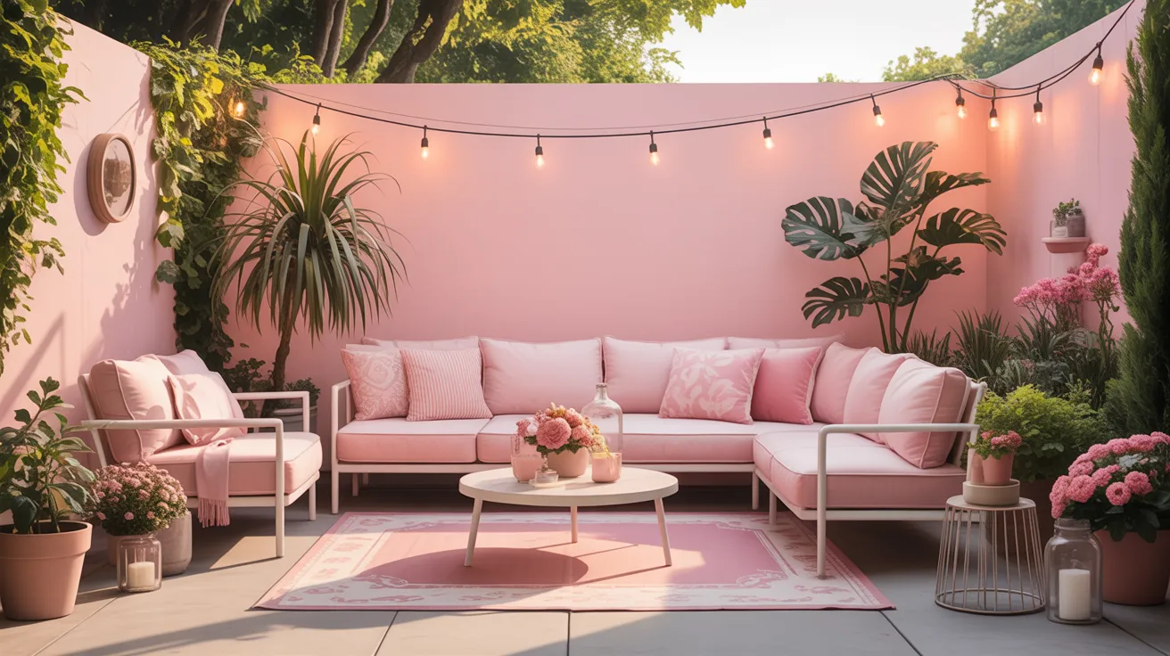 Cozy backyard setup with blush pink patio wall, white sofa, pink cushions, rug, plants and string lights showcasing fun pink patio design ideas in a modern outdoor space.