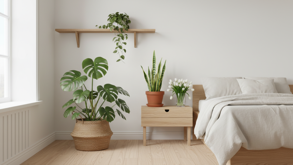 yourselflovehub.com Scandinavian bedroom plants styling with monstera, snake plant, pothos, and fresh tulips in natural light