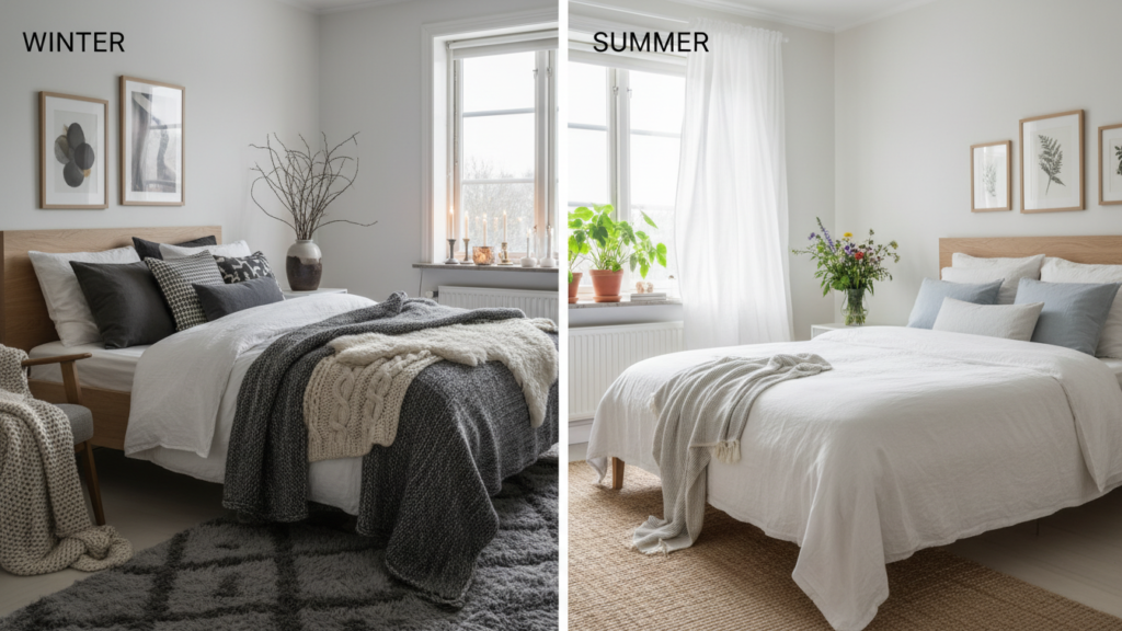 yourselflovehub.com Scandinavian bedroom split-season look showing cozy winter layers and airy summer linens in the same space