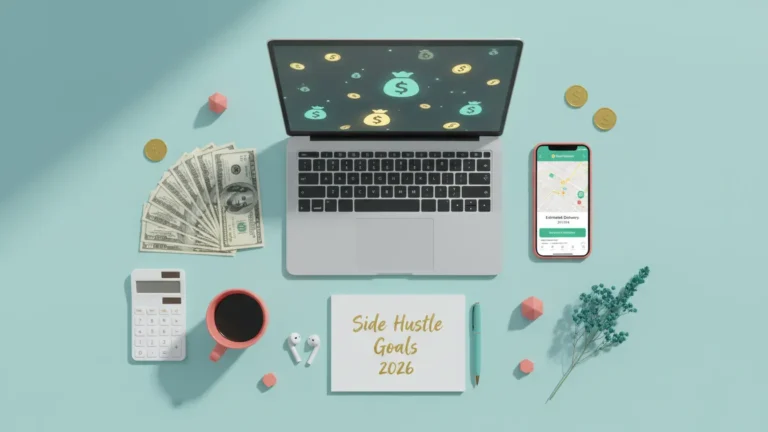 7 epic side jobs that make most money flat lay with laptop cash smartphone delivery app calculator earbuds and side hustle goals 2026 notepad on bright desk
