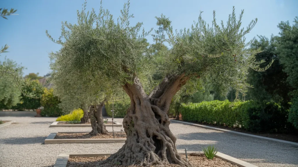 Ancient olive tree with sculptural trunk in a gravel courtyard, classic focal point for Mediterranean Garden Ideas.