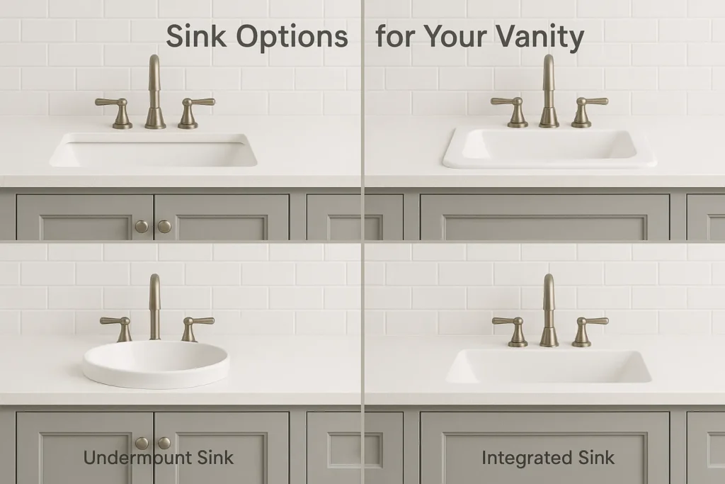 Four bathroom vanity setups showing undermount, drop in, vessel and integrated sinks side by side for easy visual comparison