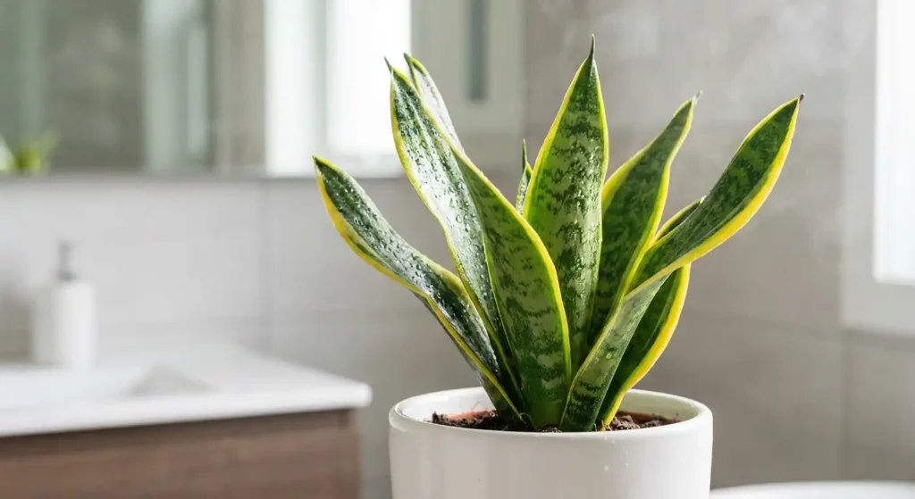 Close-up of healthy snake plant on a steamy bathroom vanity with water droplets on the leaves and a blurred background for yourselflovehub.com.