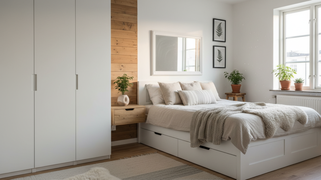 Best Scandinavian Bedroom Design Ideas showing hidden storage with handleless wardrobe doors and under-bed drawers