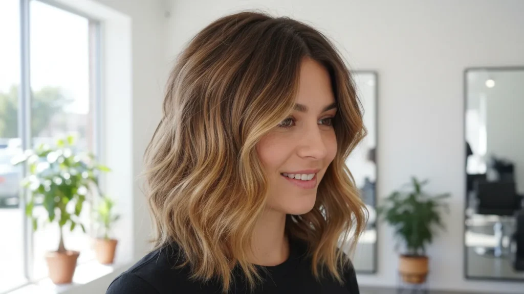 Honey Brown Balayage Ideas for Short Hair on a textured lob with choppy layers and honey ends