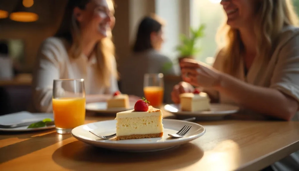 Two women sharing a single slice of cake with two forks in a cozy restaurant, illustrating portion control as one of the 15 habits of women who are always skinny.