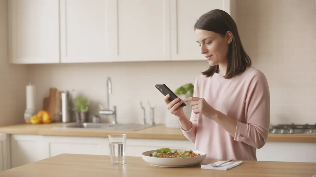 Woman at a clean kitchen counter checking a food tracking app beside a simple healthy meal and water, looking like a mindful routine from Yourself Love Hub.