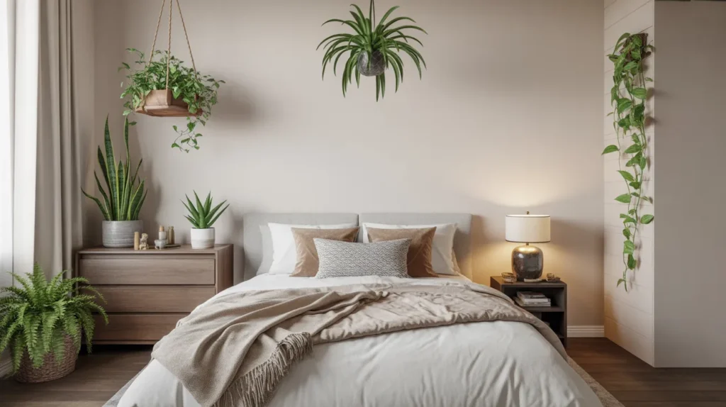 Stylishly arranged bedroom plants improving air quality and decor