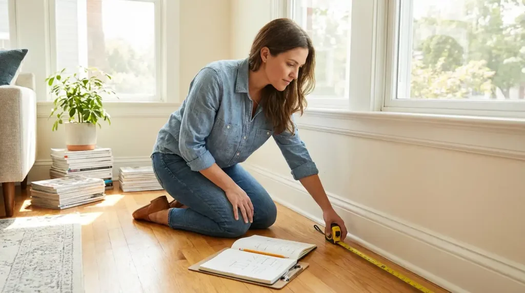 yourselflovehub.com measuring the living room with a tape measure and planning the layout