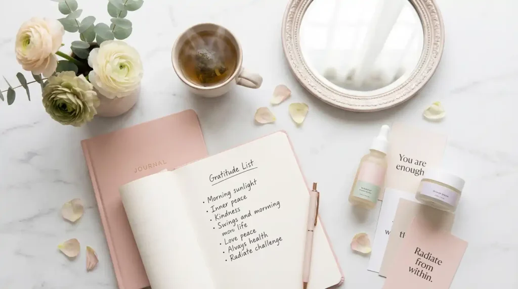 Flat lay of gratitude journal, tea, flowers and mirror on marble, symbolizing inner beauty and self-reflection behind habits that attractive women do.