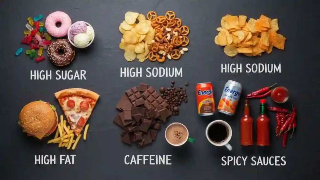 yourselflovehub.com flat lay of different unhealthy snack types that disturb sleep and digestion at night