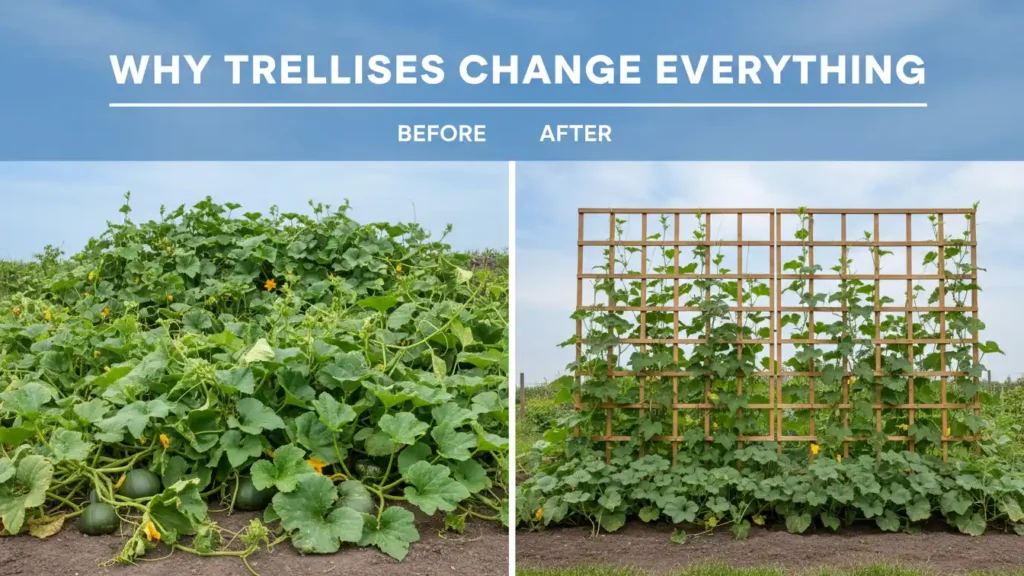 Yourself Love Hub before and after garden using vertical trellises for vegetables